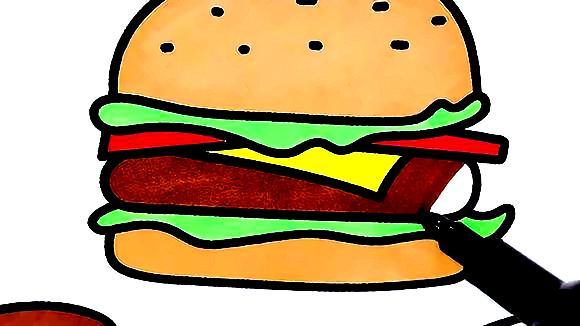 视频- 儿童简笔画:一起画冰淇淋  汉堡 并涂上颜色