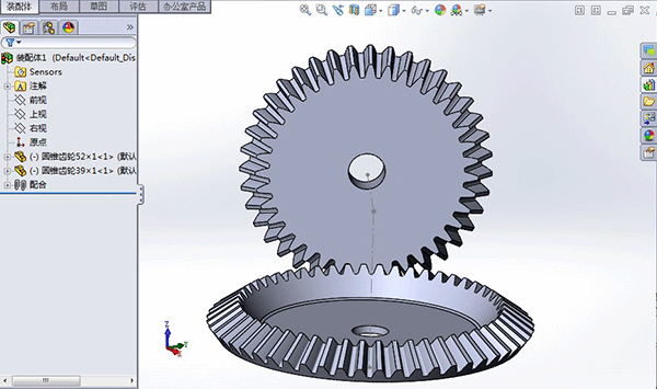 solidworks装配体中45度斜齿轮怎么配合