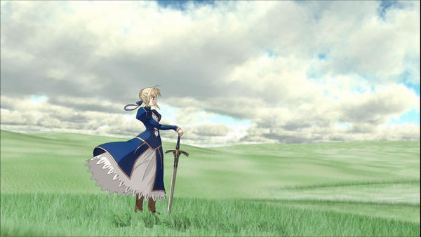 求一张saber的壁纸 背景是绿色的草原,蓝天白云.