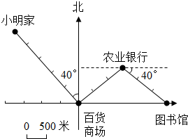 小明家在百货商场的北偏西40°方向2500米处