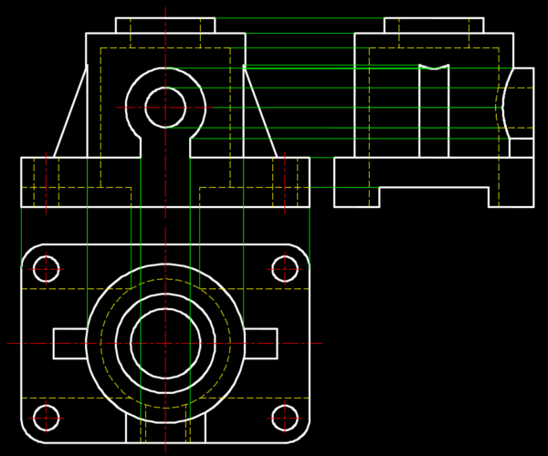 "高平齐",自主视图的特殊点(最大轮廓)及拐点引出辅助线,如图所示.