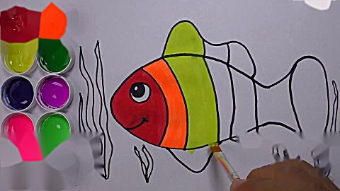鱼儿水中游简笔画涂色游戏 学习绘画英语 早教英语绘画启蒙