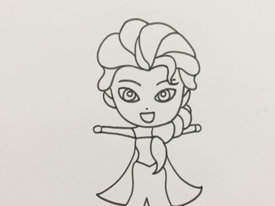 4,接着往下画出艾莎公主的身体与穿着的裙子后,画出裙子上的披纱.