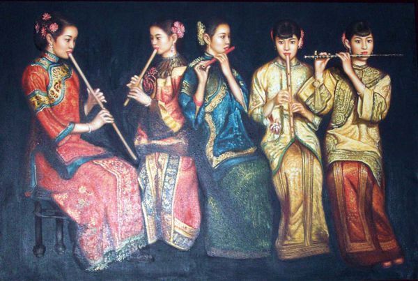 04 我有一幅画,看起来像是油画,上边画的5个女人坐在那里吹笛子,从
