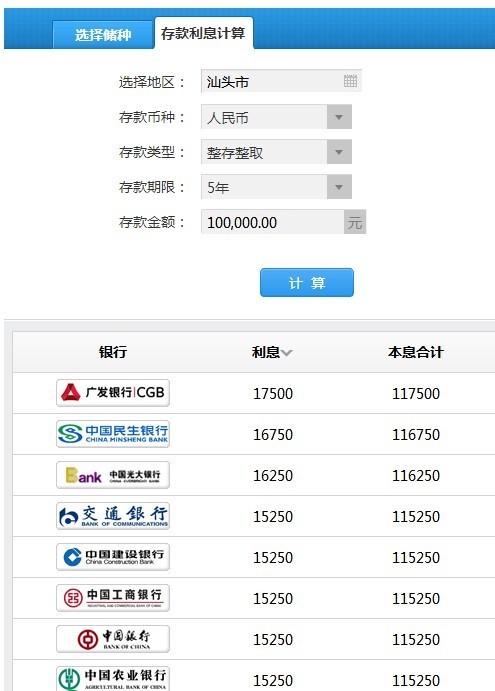 现在存十万到银行死期一年的三年的五年的利息