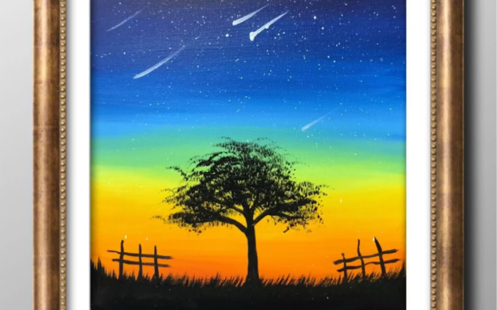 油画丙烯画星空下大树风景教程