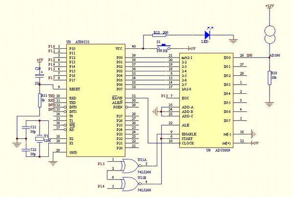 集成温度传感器ad590经过ad0809模数转换,与单片机at89s51怎么连线