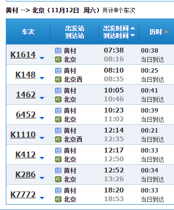 北京黄村火车站到承德的火车时刻表