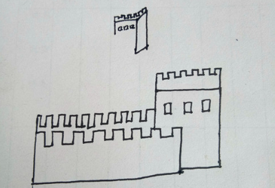 4,在城牆的遠處的位置,畫出另外一處的城樓,城樓因為視圖的原因要小