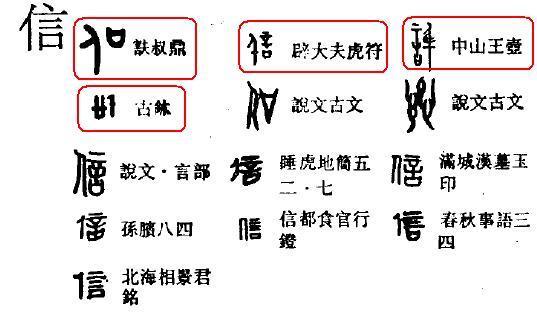 《汉语大字典》列出信字的主要演变过程,前面4个都是金文【旁边的