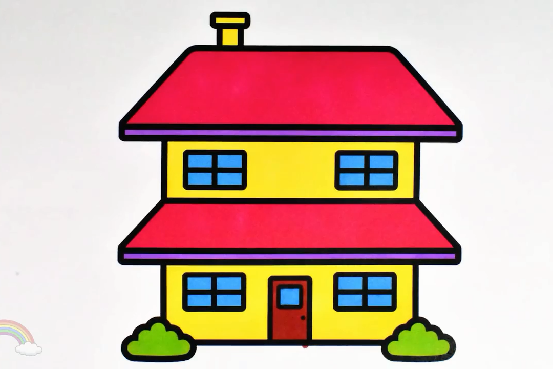 幼儿房子简笔画,水彩笔画一座简笔画三层小别墅和色彩搭配方法