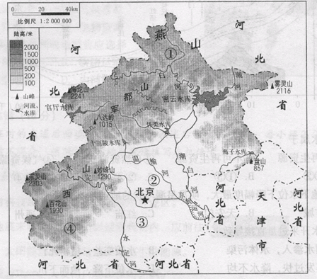 试题难度:难度:中档   试题类型:单选题   试题内容:读图"北京市地形
