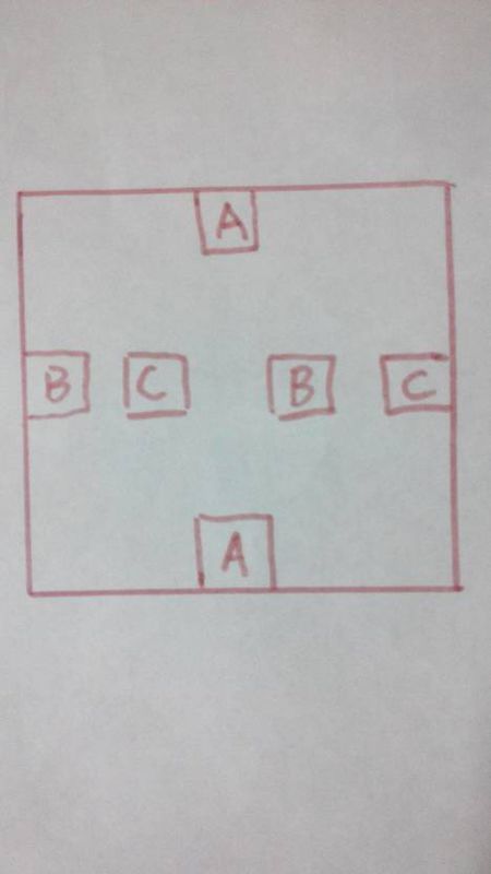 a和a相连,b和b相连,c和c相连,线可以转弯,不可