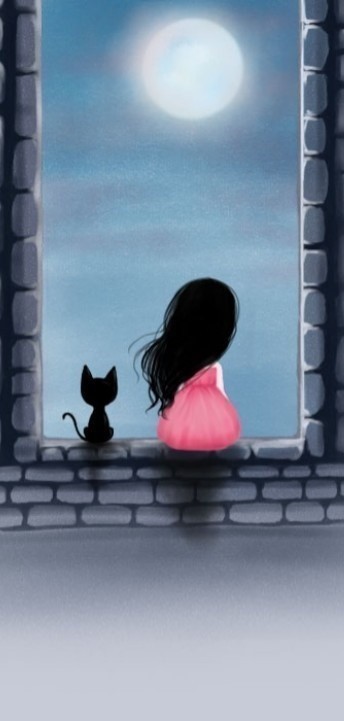 女孩和猫背影唯美图片