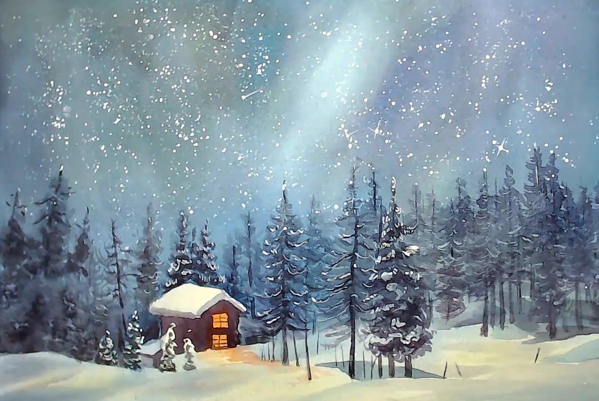 水彩高手画寒冬雪景 感觉像是在童话故事里边 令人向往