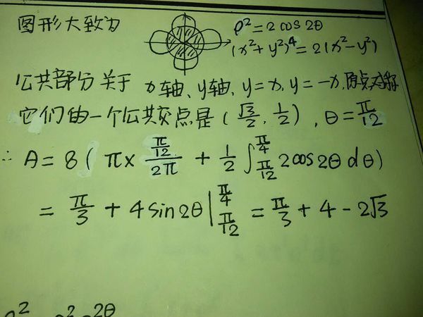 请问双纽线ρ^2=2cos2θ与圆ρ=1围成面积的公共部分.