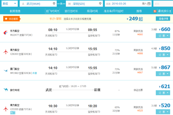 武汉至深圳3月26号飞机票多少钱