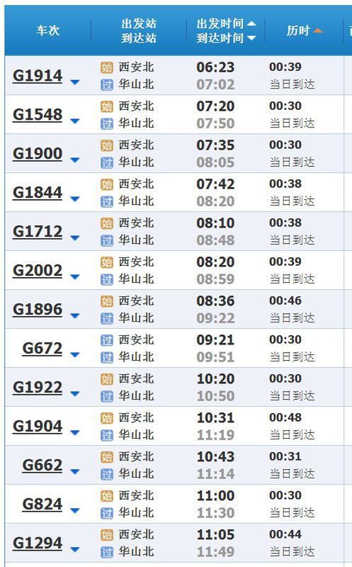 从西安北站到华山几点有去的火车