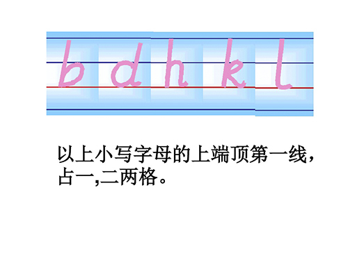 3,小写字母b,d,h,k,l,占最上面一个和从上到下第二格,顶住第一根线.