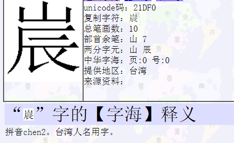 【字海】释义     拼音chen2.台湾人名用字
