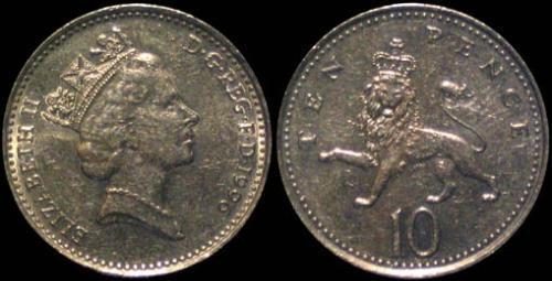 英国发行有10便士硬币1英镑=100便士,图片如下