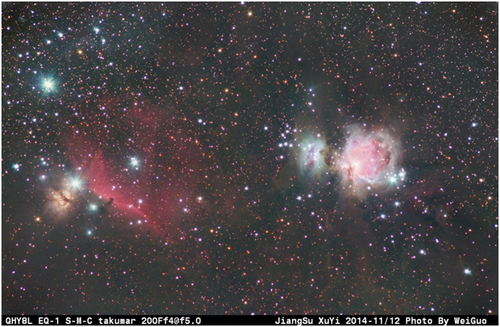 望远镜拍摄的猎户座大星云,右上角是更小的星云ngc1999的100%大小截图