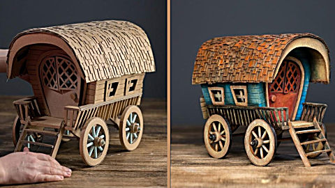 diy用硬 纸板手工制作的复古马车,非常好看,可以用来做家居装饰