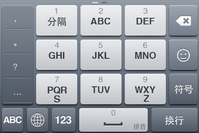 "拼音九键"是手机输入法的键盘界面之一,各手机不太相同,如图