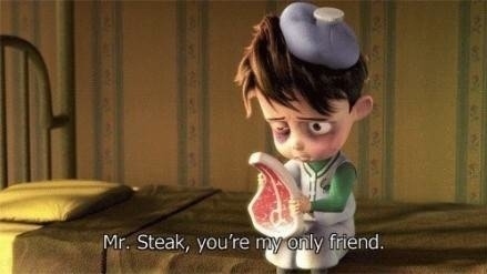 小男孩对一片肉说:Mr.Steak,you're my only frie