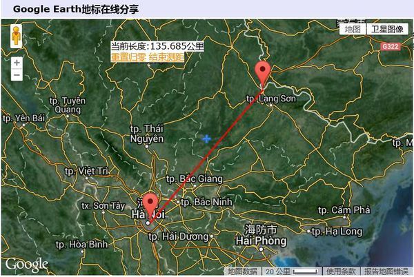 中,越边界距离河内最近的地点是广西凭祥市友谊关,直线距离为135公里