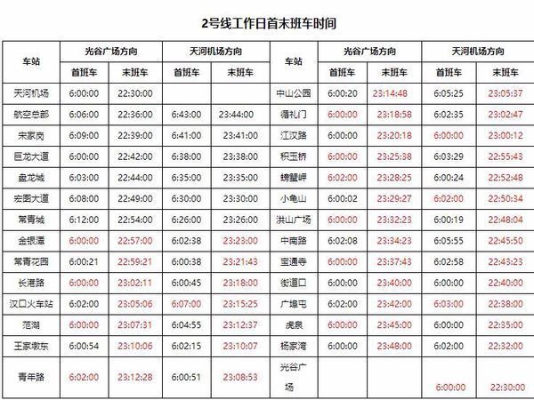 汉口站到天河机场2号线始末班是几点钟