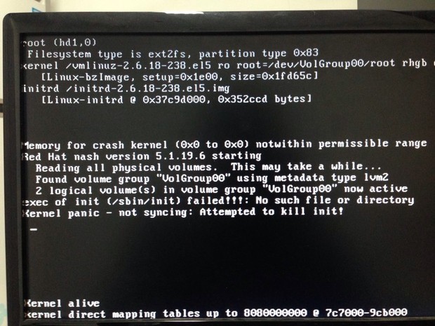 RedHat Linux系统重启系统突然出现下面错误,