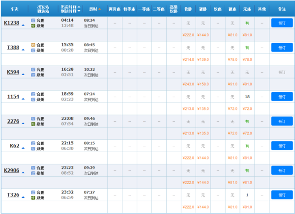安徽合肥到河南郑州的火车票多少钱