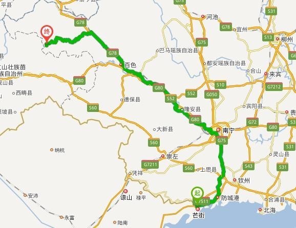 从东兴口岸到百色那坡县弄和村走325国道有多少公里