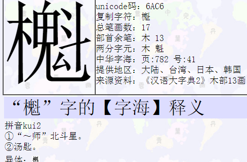 "櫆"字的【字海】释义     拼音kui2 ①"～师"北斗星. ②汤匙.