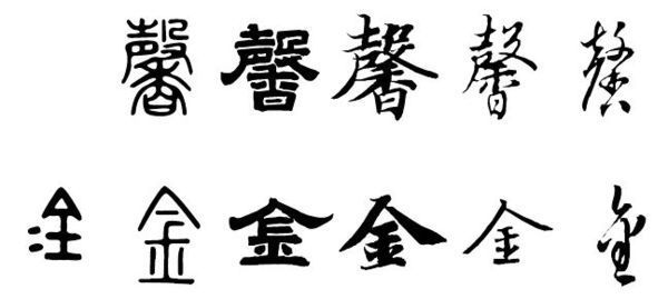 馨和金的甲骨文、金文、象形字、小篆、行书、