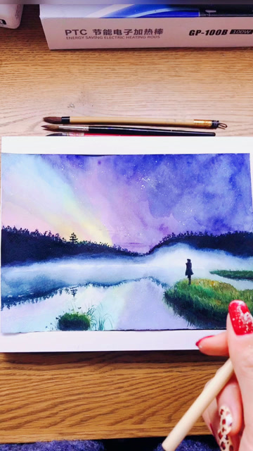 水彩星空写生,步骤视频,这次横着画,录不到整幅画面