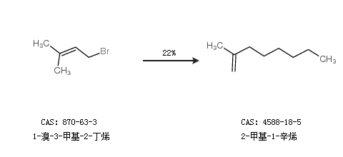 通过1-溴-3-甲基-2-丁烯合成2-甲基-1-辛烯,收率约22%