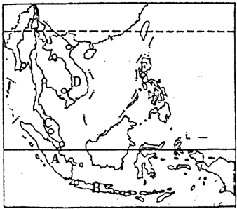 读东南亚地区图,完成下列要求:(1)写出图中字母代表的地理事物名称