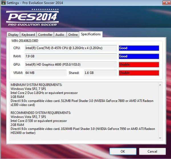 实况足球2014PC显示GPU:VRAM512MB。我