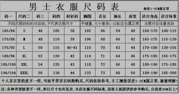 男士175尺码对照表标准图片