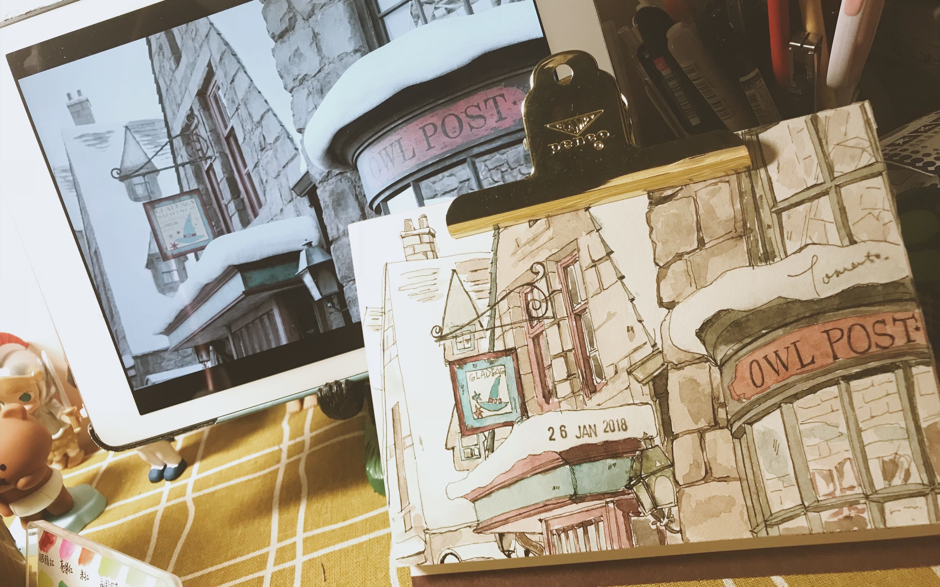 【水彩】钢笔淡彩-环球影城对角巷