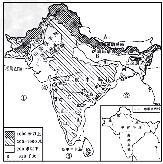 读印度地形图,回答下列问题:(1)写出图中字母所代表的地形区名称:a