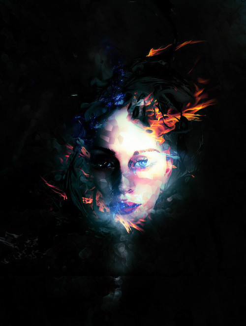 Photoshop制作彩色火焰中的抽象女性头像图片 三联