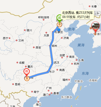 西站到昆明的直快列车,中途经过贵阳,具体位置和经过贵阳的路线地图