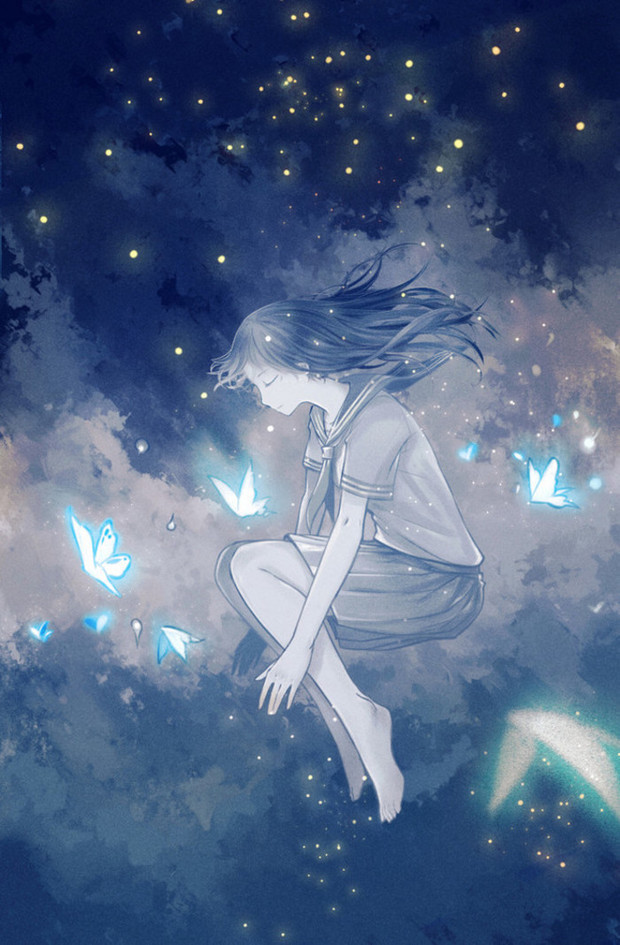手上停有蝴蝶的动漫二次元女生