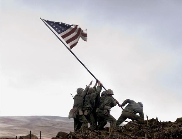 谁有硫磺岛战役时美国士兵竖起旗帜的照片 要高清的