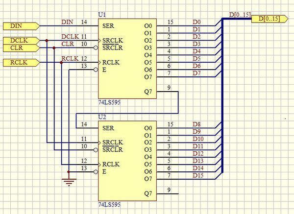 求串转并电路设计电路图?要求sn74hc595级联,16路输出