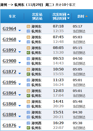 漯河火車站到杭州東高鐵票時間表