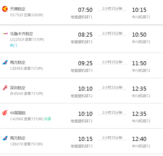 截止2016年11月,乌鲁木齐到兰州航班详情如下,全程约2小时25分钟.